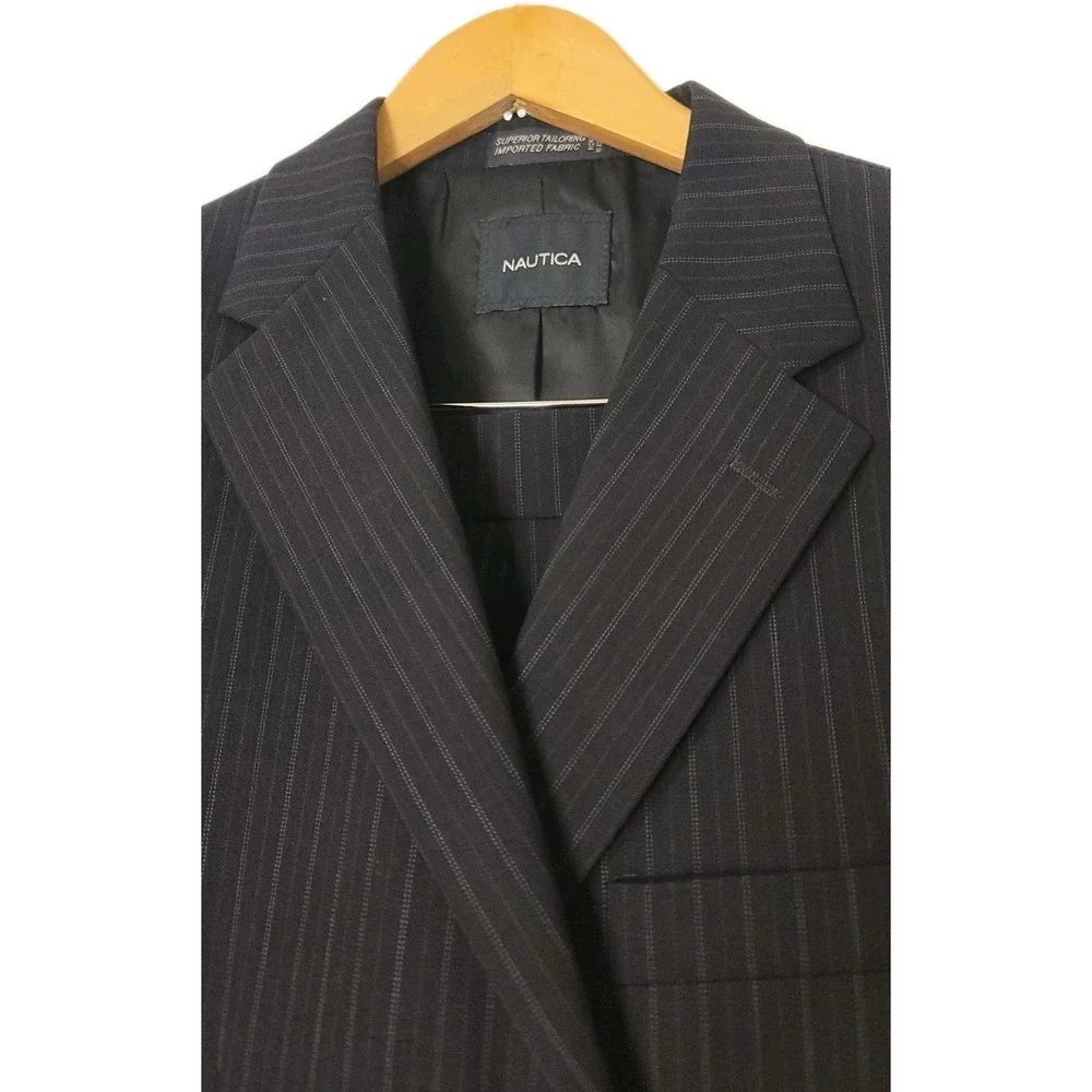 Nautica 2 Piece Suit 42L Navy Pinstripe‎ Jacket Pant 33x33 Pleated Cuff Wool